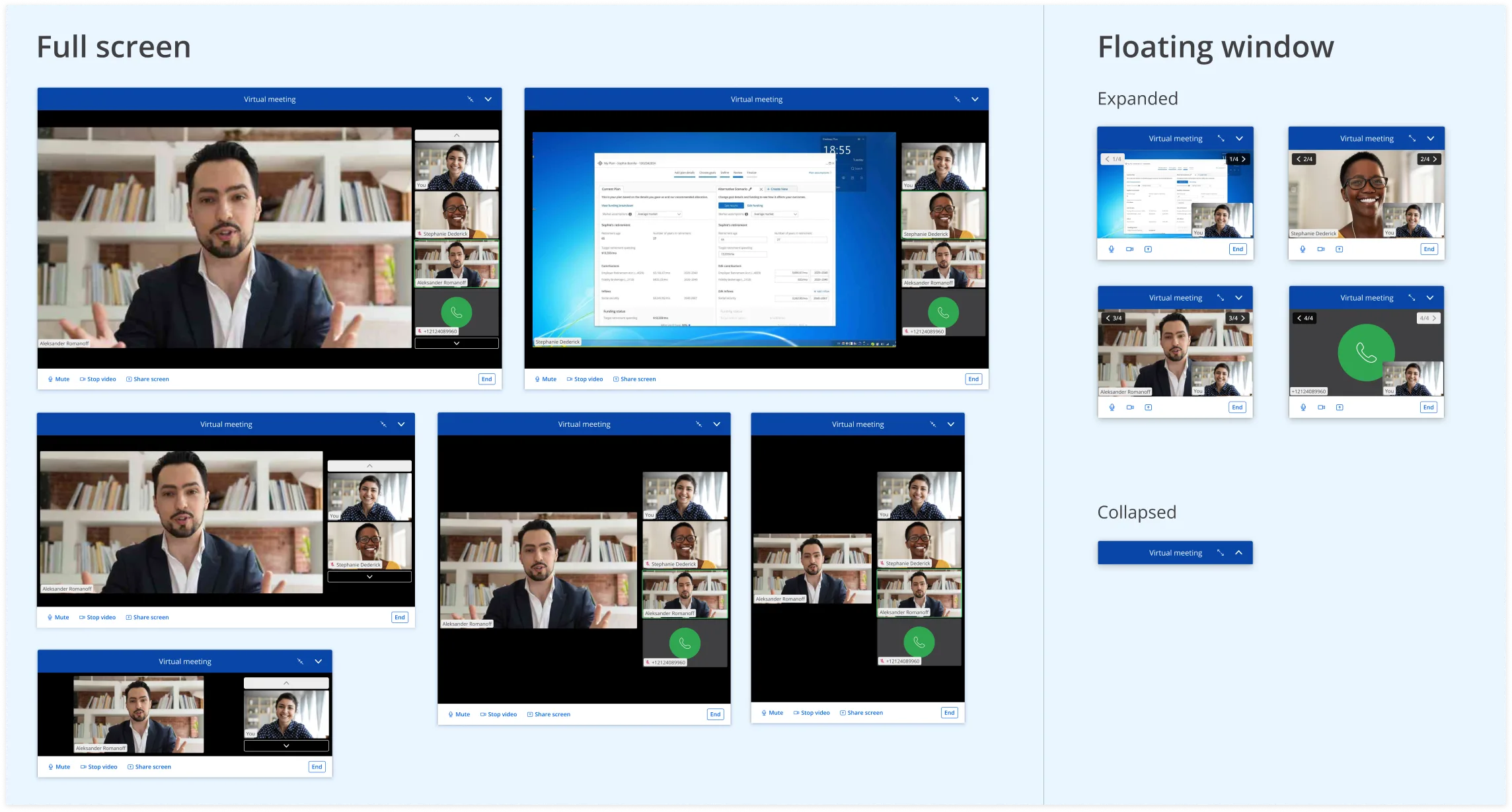 Full screen and floating window states of the meeting window, expanded and collapsed