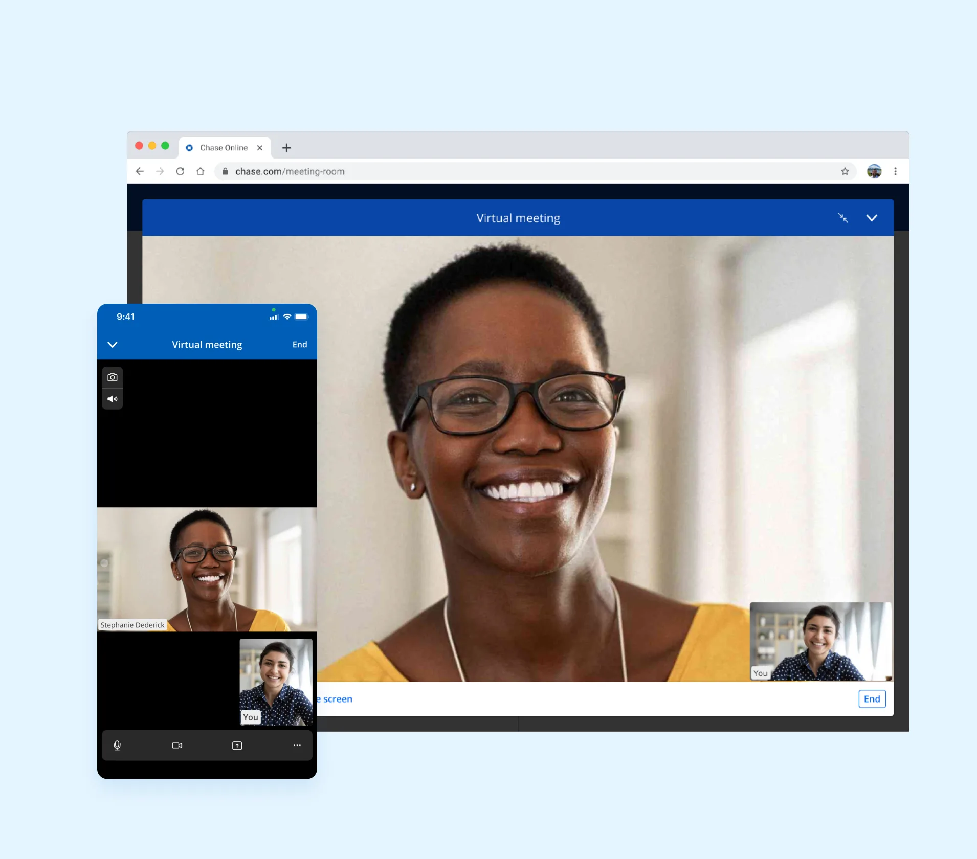 Desktop and mobile virtual meeting views for clients