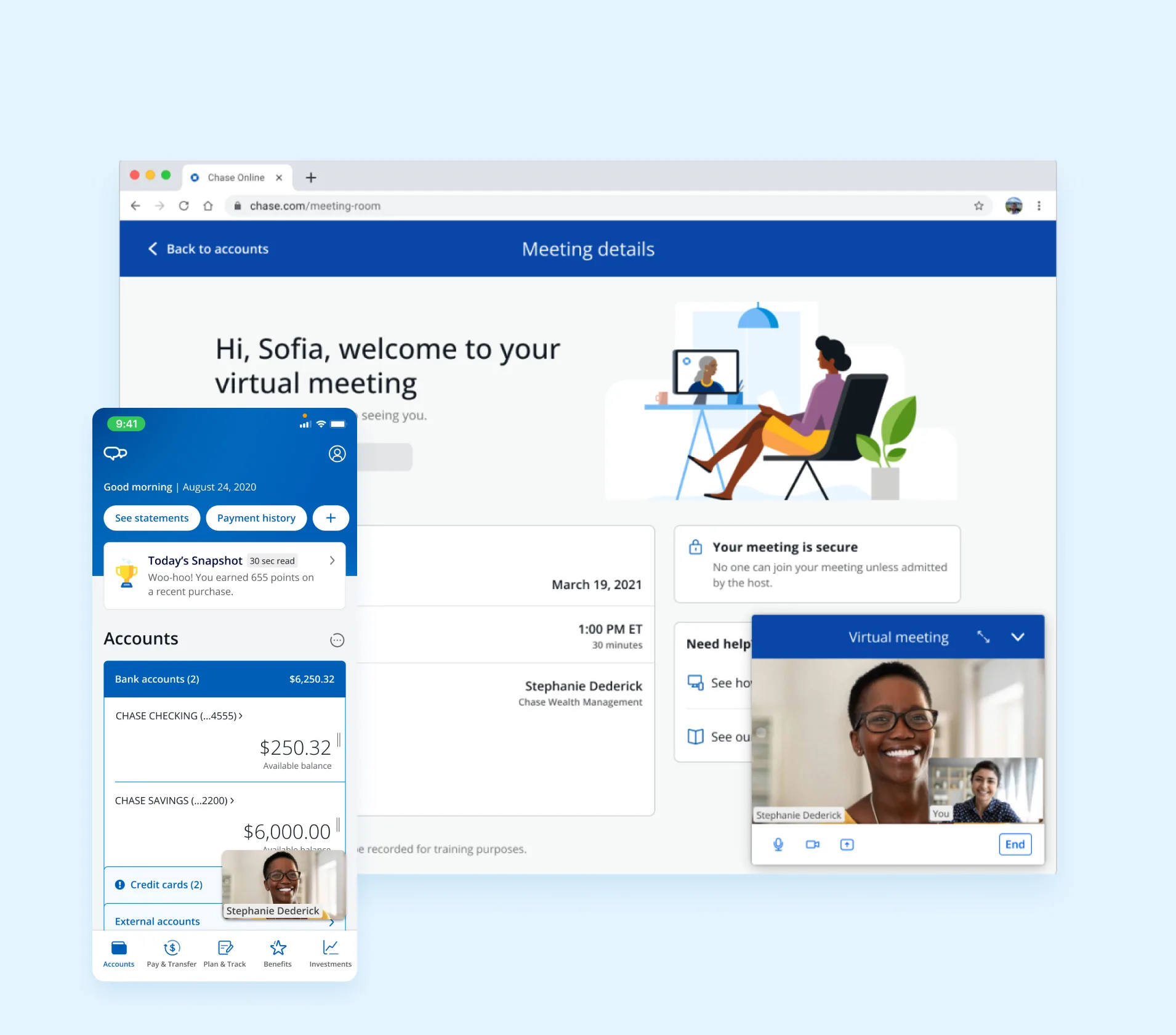 Meeting details page alongside the Chase mobile app