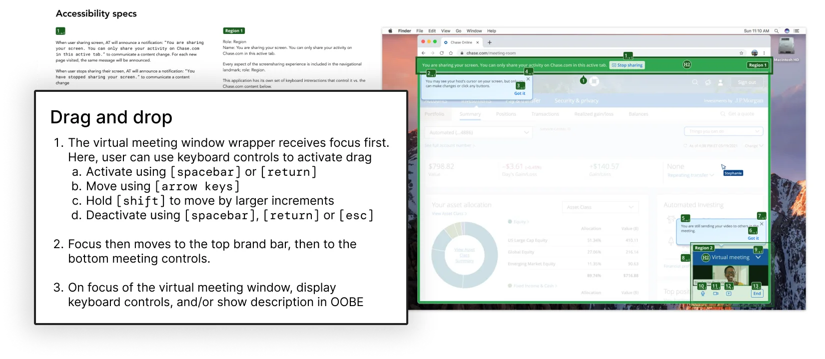 Accessibility specs for screen sharing, including keyboard controls for dragging and repositioning the meeting window