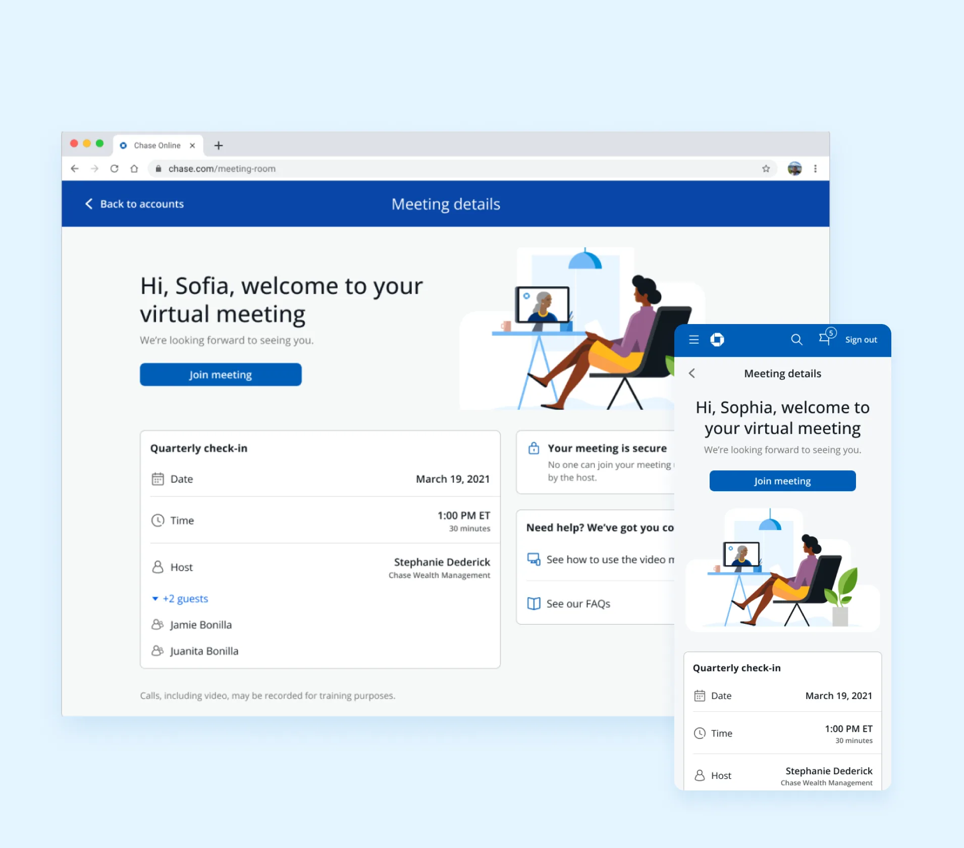 Meeting details page shown on desktop and mobile