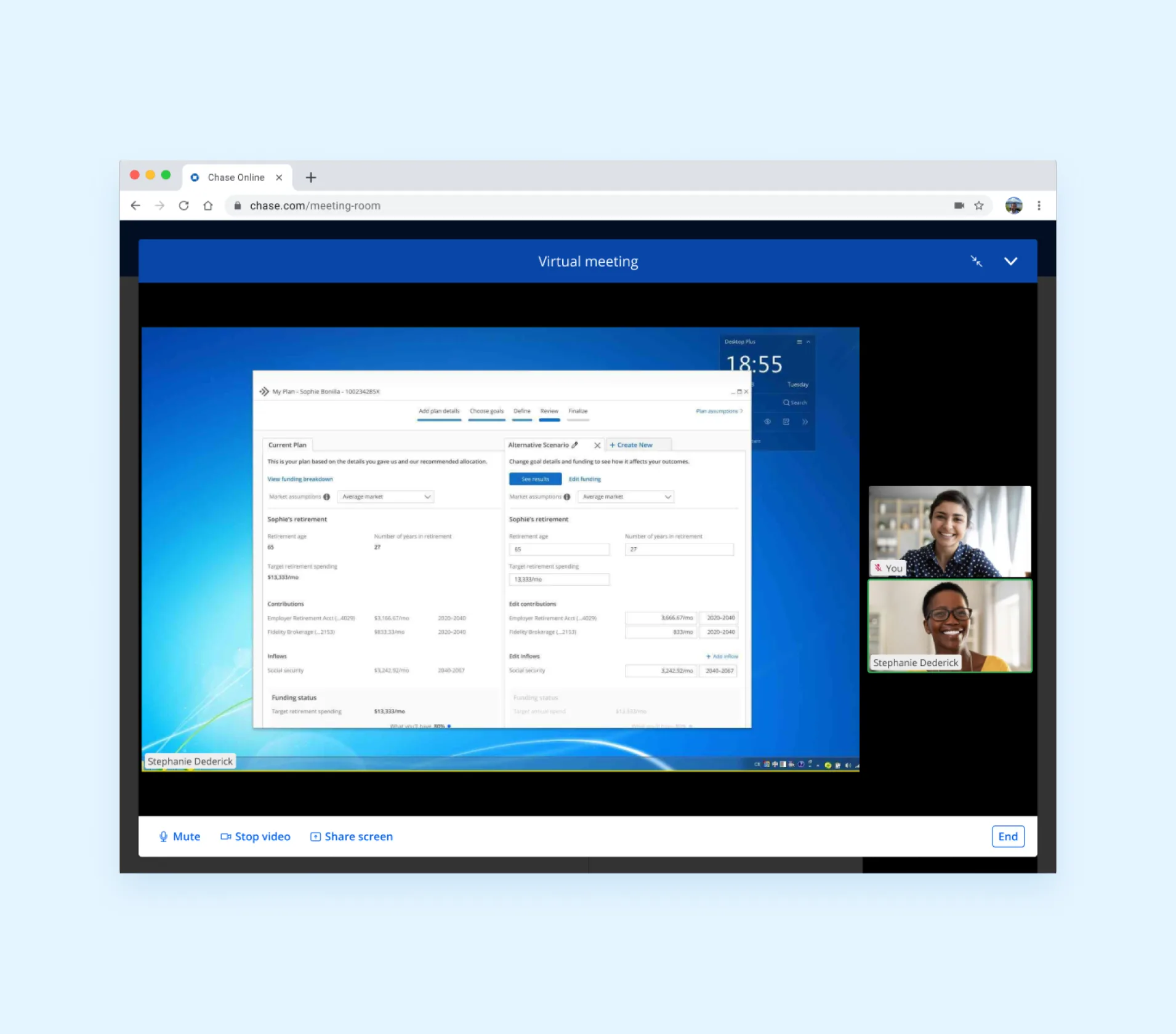 Screen sharing a retirement plan during a virtual meeting