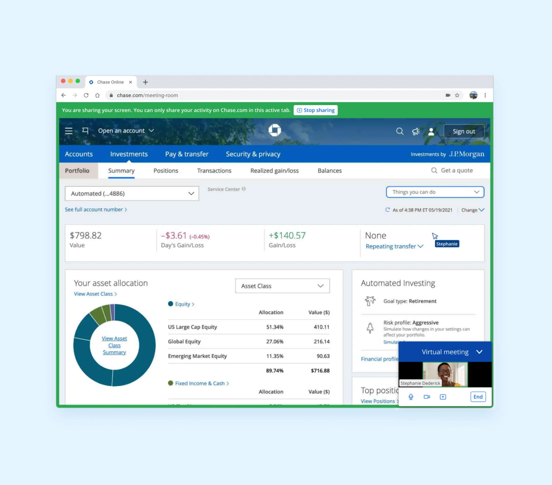 Virtual meeting floating window over the Automated Investing portfolio view