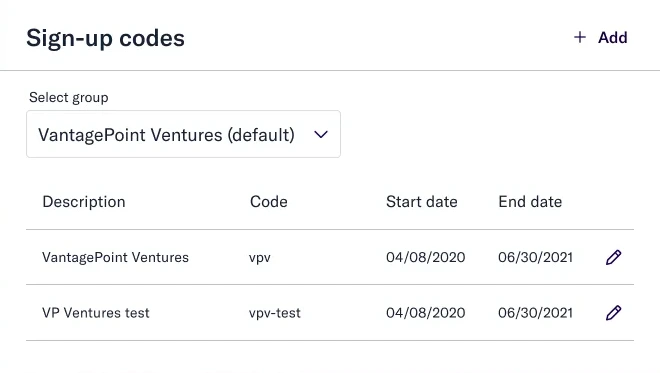Sign-up codes card showing group, description, code, start date, and end date columns