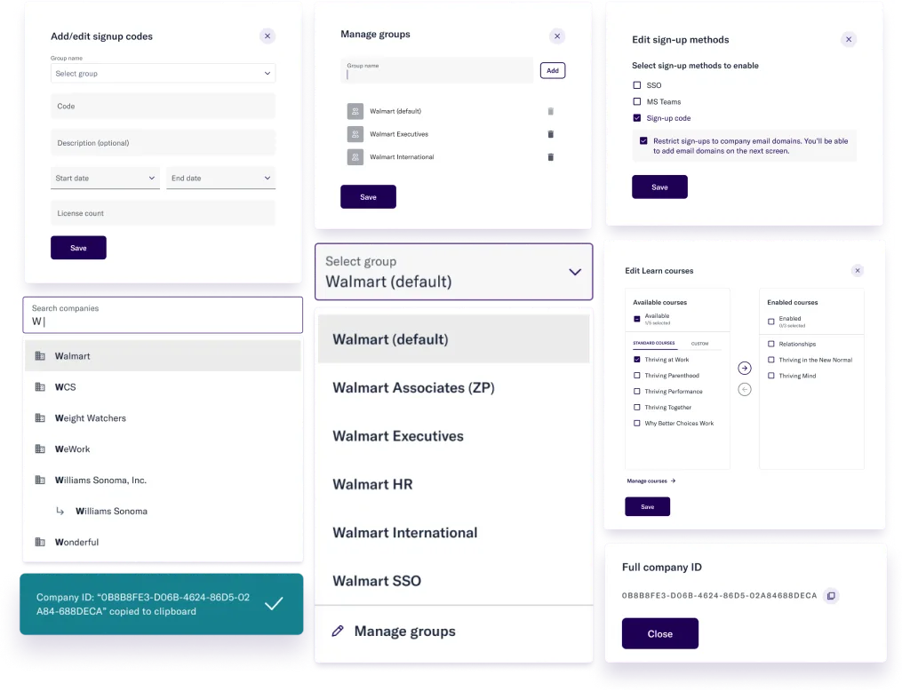 Component set built for the redesign: add/edit sign-up codes modal, manage groups modal, edit sign-up methods modal, company search, copy confirmation, and edit courses modal