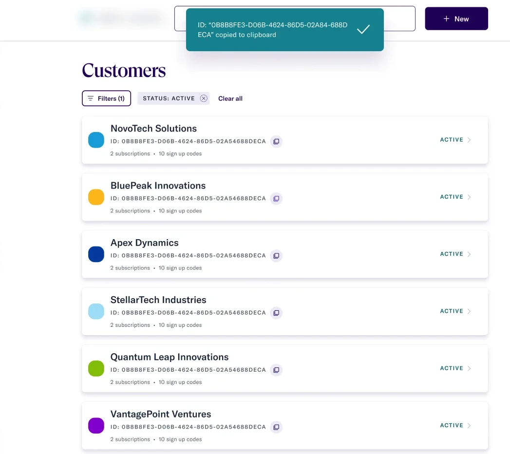 Toast confirmation reading company ID copied to clipboard, triggered from the copy icon next to a company's ID