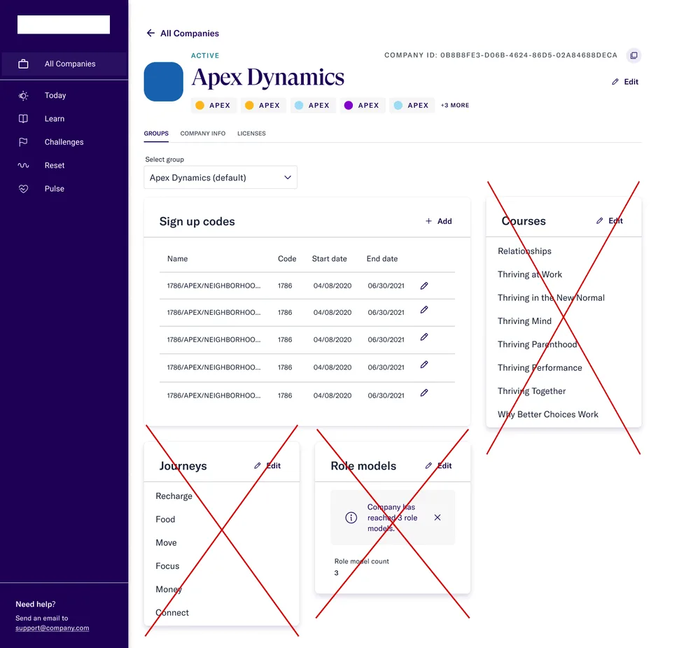 Before: company detail page with the Courses, Journeys, and Role models cards crossed out in red, marking the content that moved to CMS-managed defaults