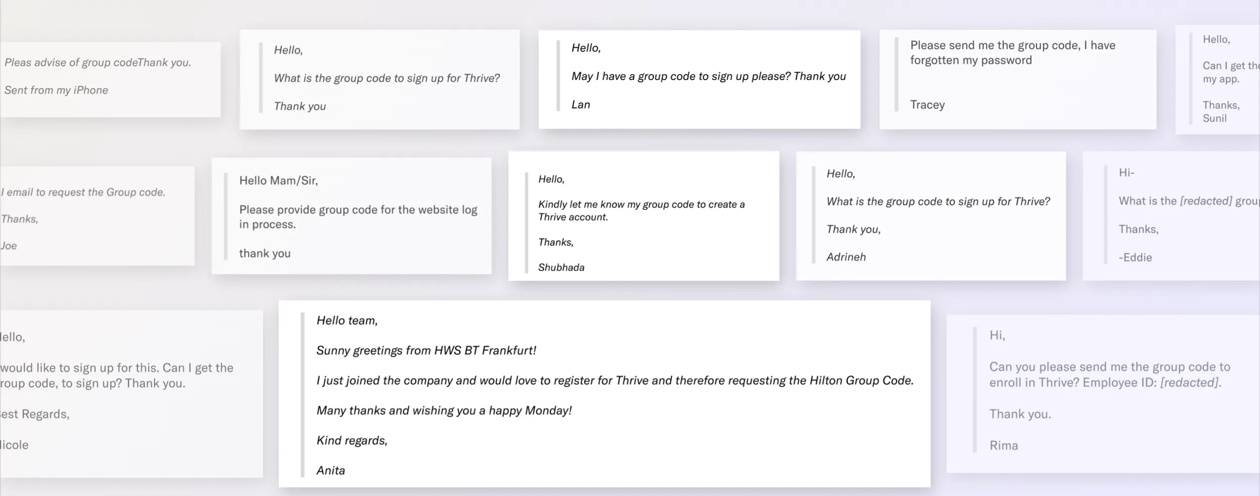 Collage of support emails from customers asking for their group sign-up code