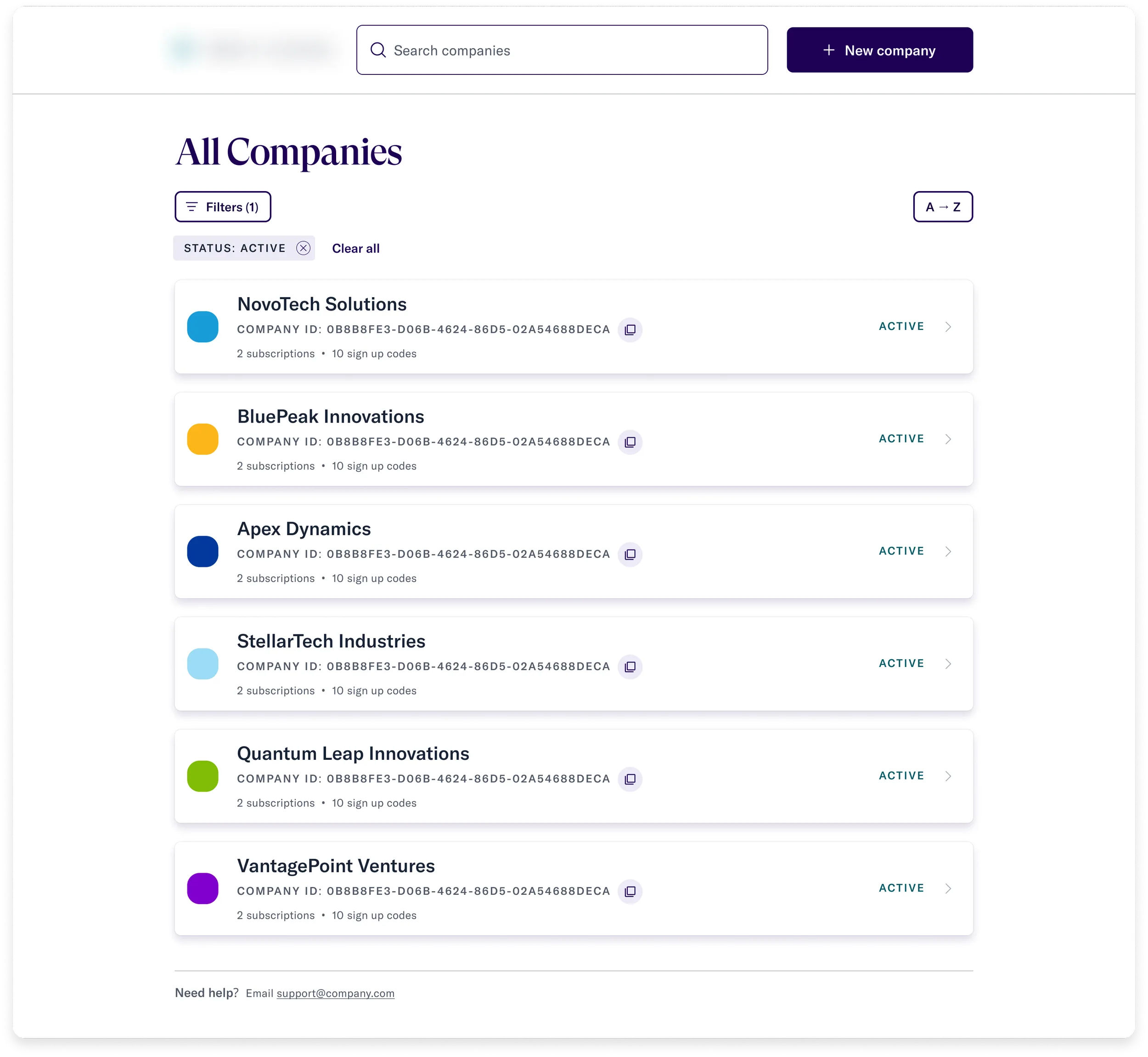 Final All Companies list view, showing active company cards with IDs, subscriptions, and sign-up code counts