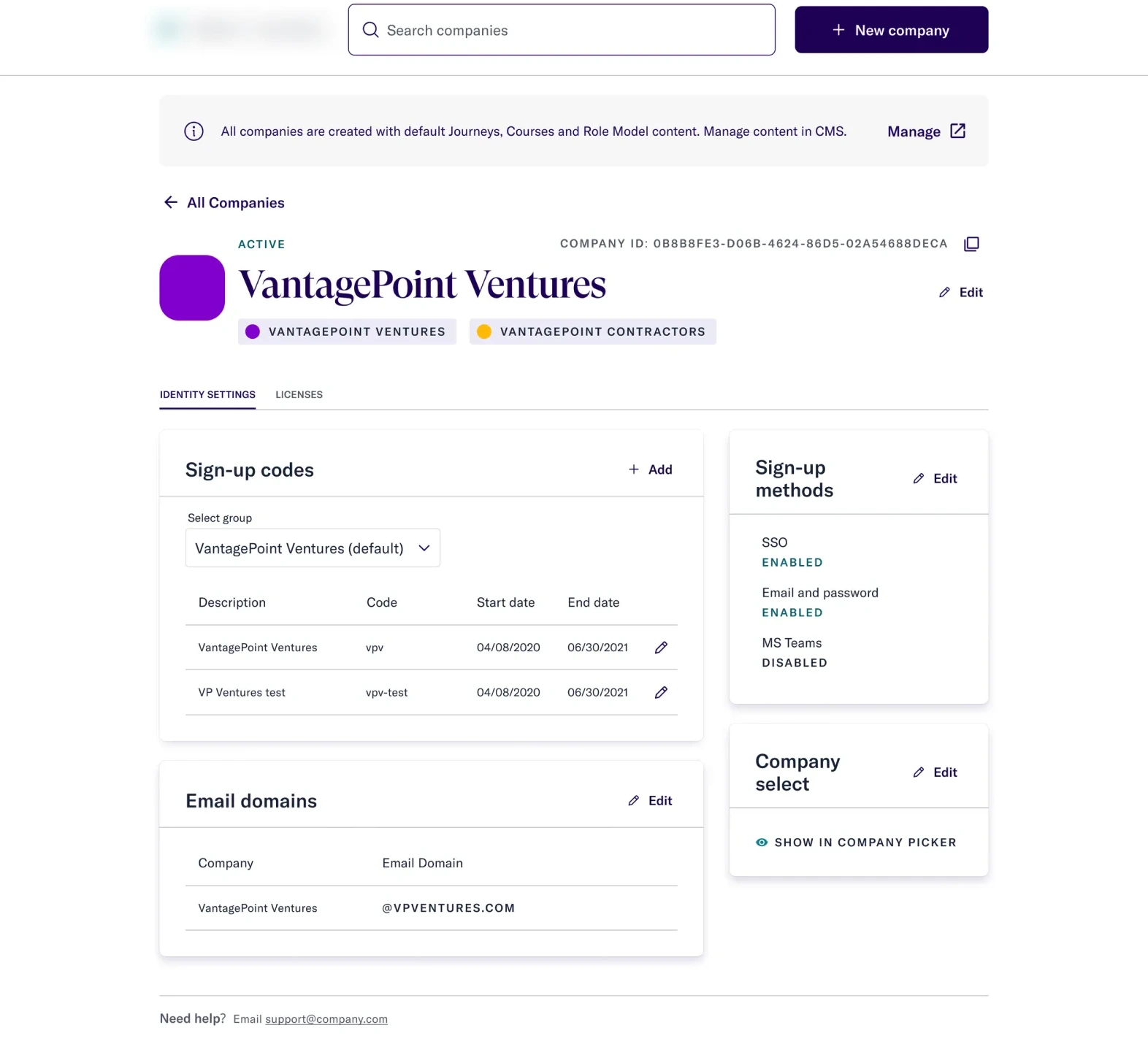 After: redesigned company detail page showing only Identity Settings and Licenses, with the CMS-managed content removed