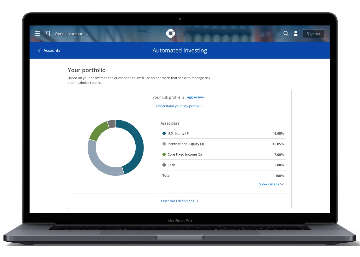 J.P. Morgan Automated Investing portfolio view shown on a MacBook Pro