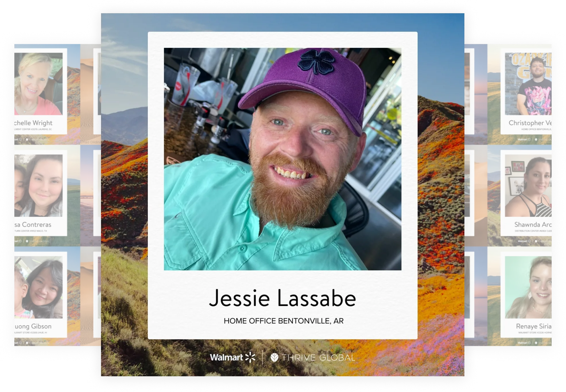 Employee recognition card for Jessie Lassabe from Walmart's home office in Bentonville, Arkansas, part of Thrive's employee spotlight series