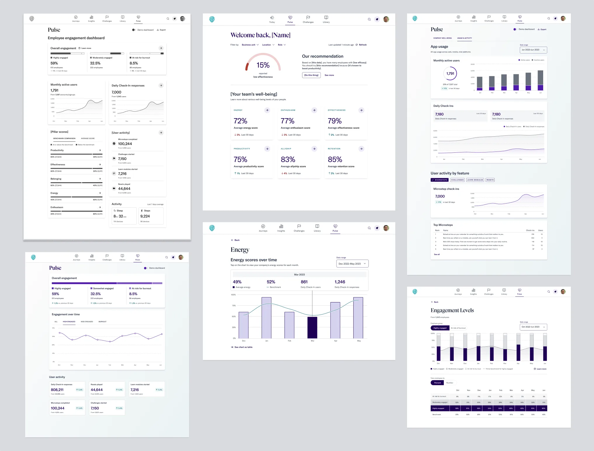Collage of dashboard layout explorations, including engagement-only, well-being-only, and combined views tested with Customer Success