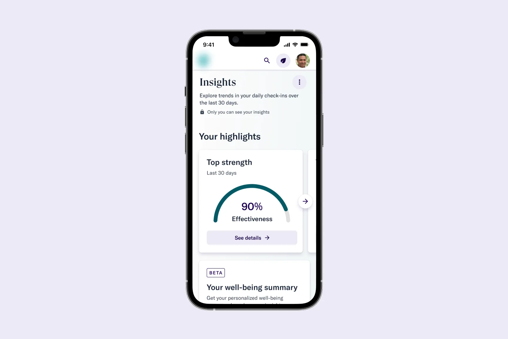 Insights home screen on mobile showing the top strength card with a 90% effectiveness score and a link to see details