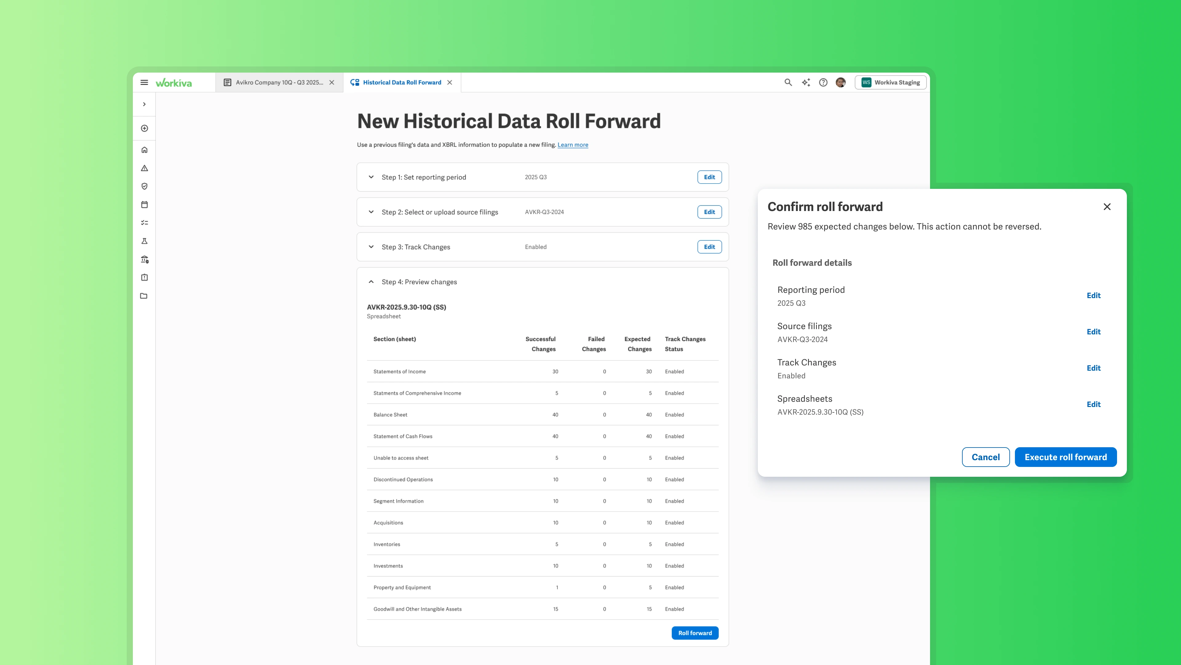 Preview of expected changes across every section of the filing, with a Confirm roll forward dialog summarizing the reporting period, source filing, and spreadsheets before executing