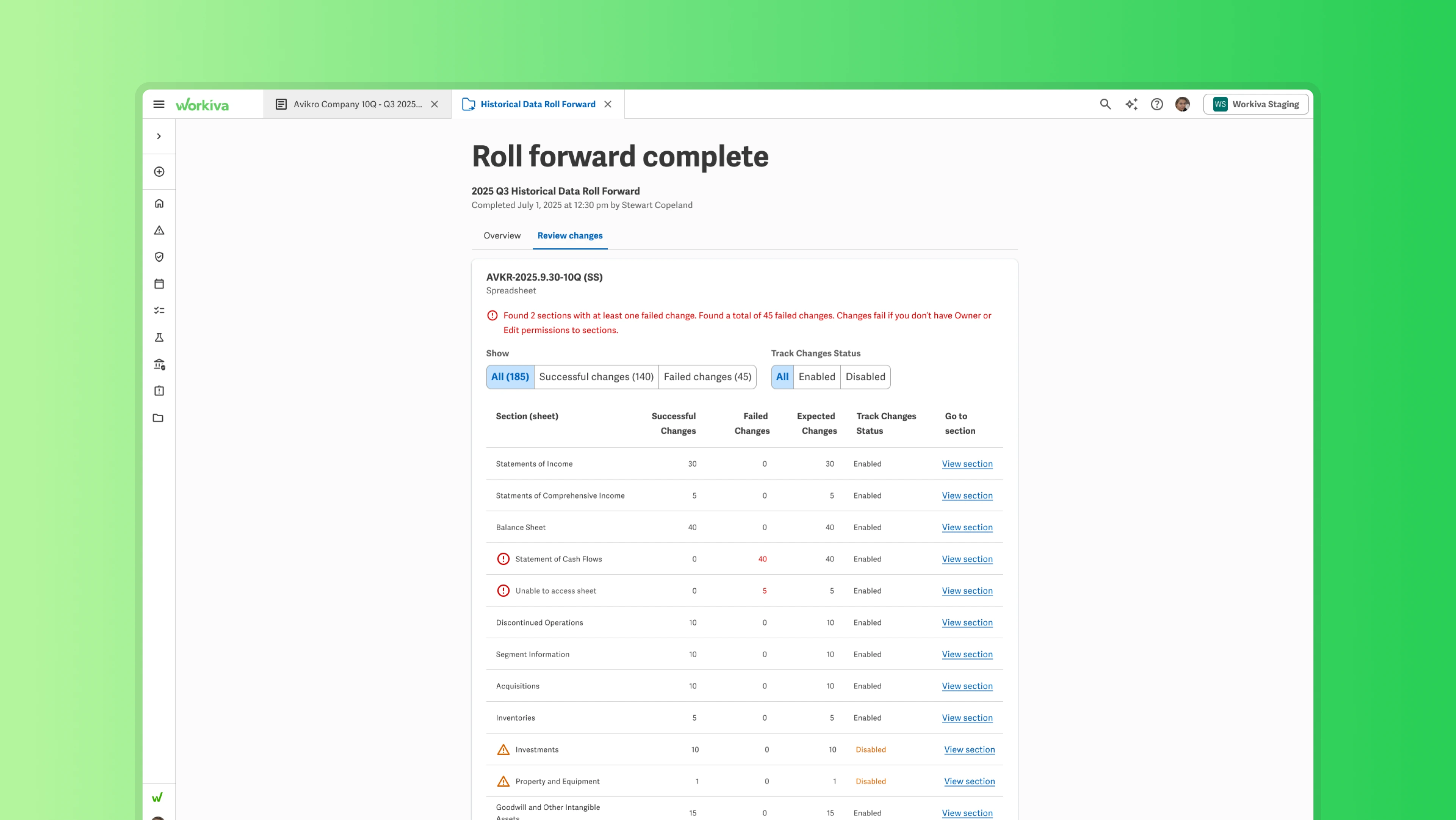 Review changes tab listing each section of the filing with successful, failed, and expected change counts alongside each section's Track Changes status and a link to jump to it